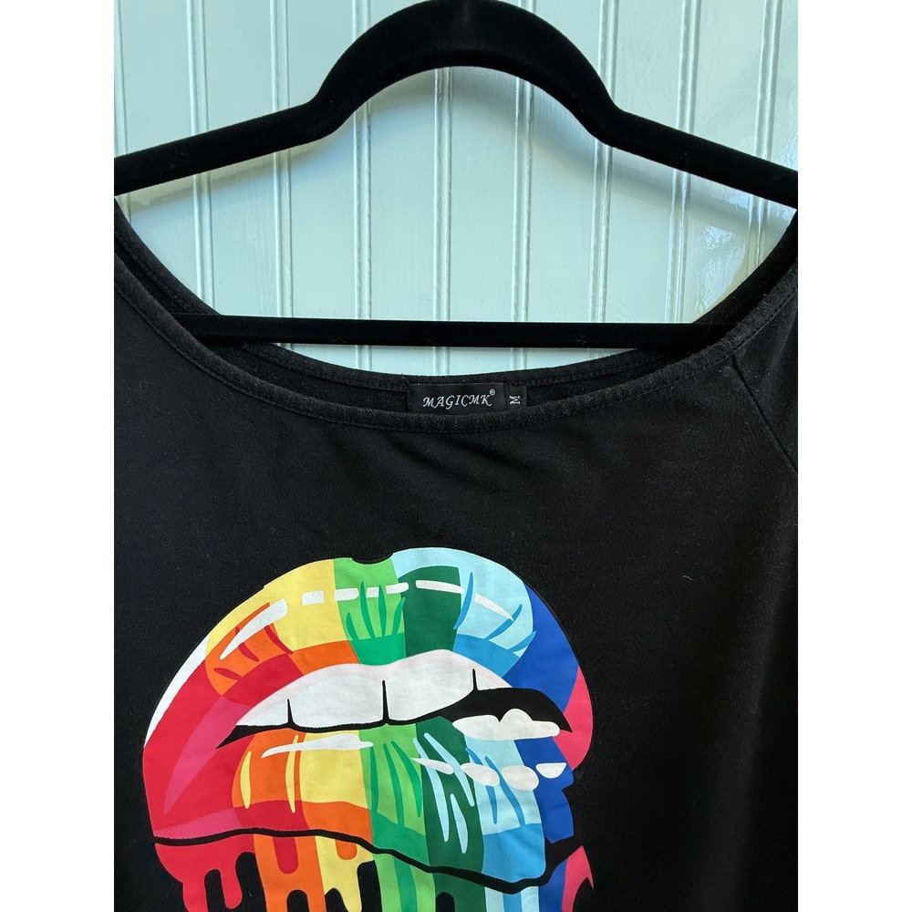 Magicmk Rainbow Lips OffShoulder Graphic Sweatshirt M Pride LGBTQ Pop Art Edgy - Picture 3 of 5